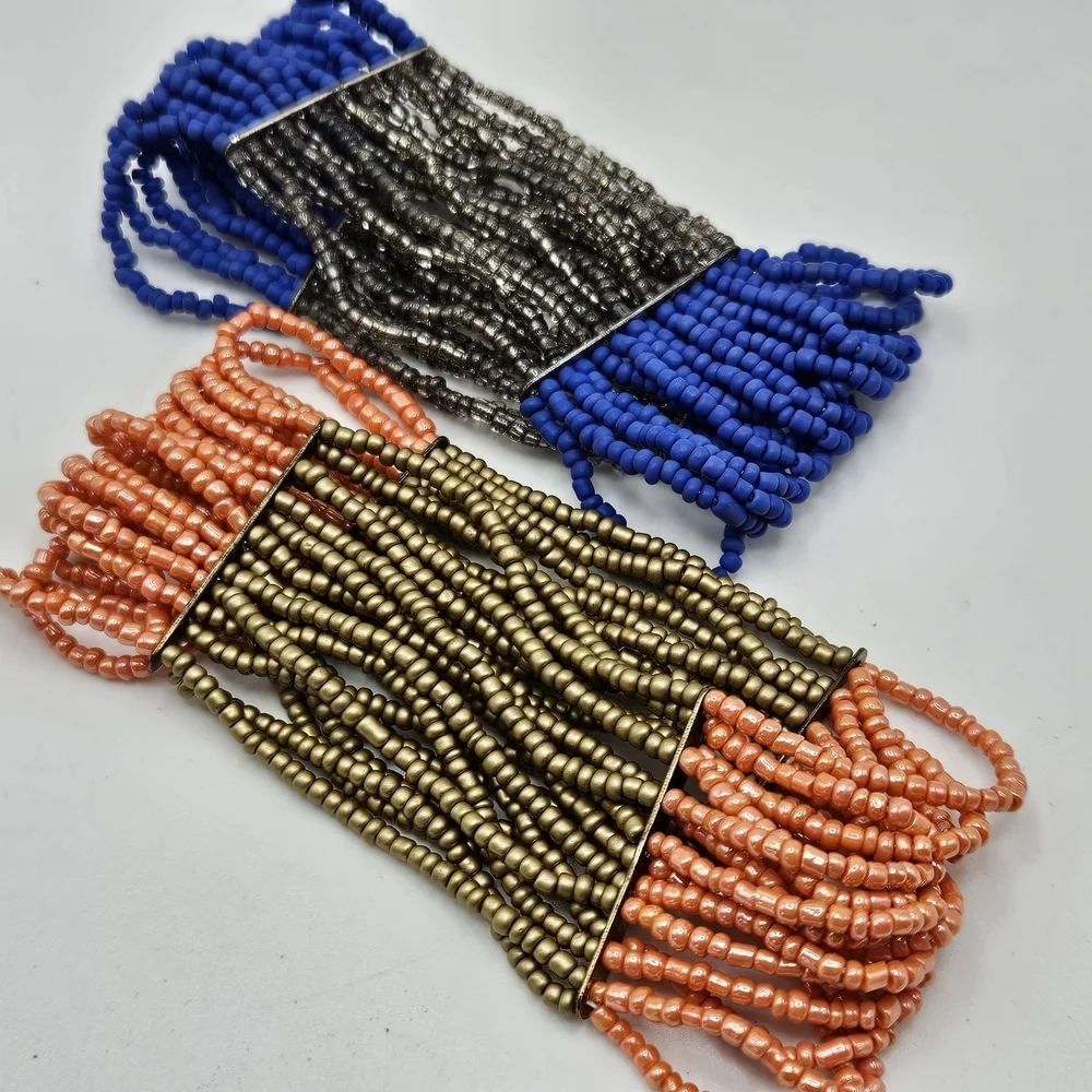 Bronze Tone Blue and Coral Glass Seed Bead Stretch Bracelet Set Boho
